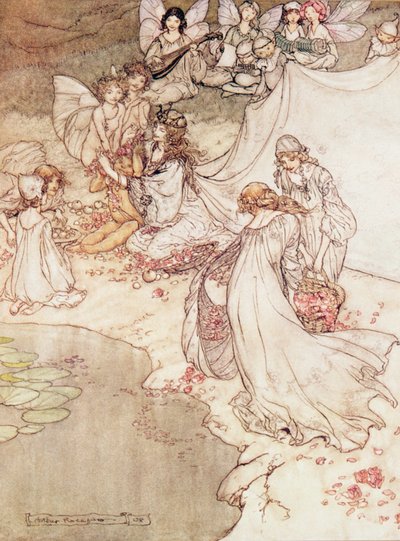 Illustration for a Fairy Tale, Fairy Queen Covering a Child with Blossom by Arthur Rackham